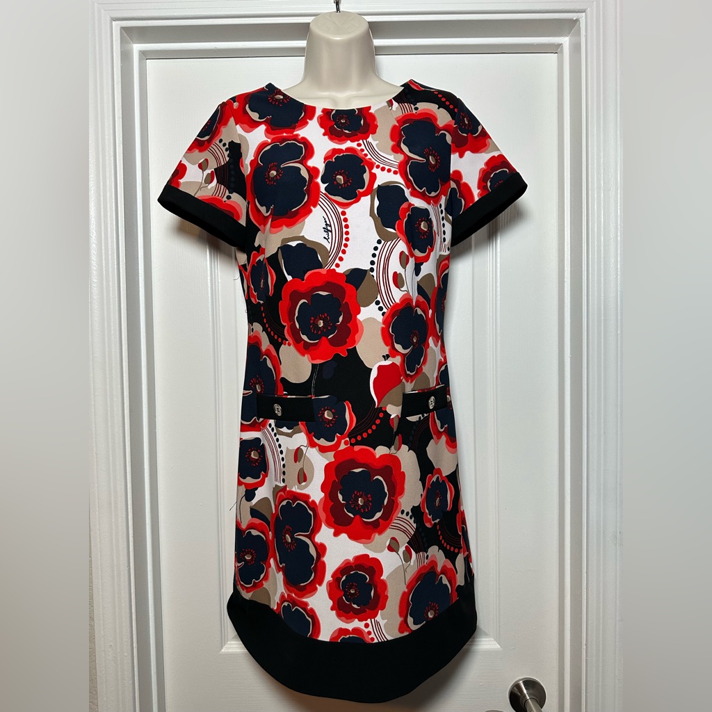 Tommy Hilfiger Classic Vintage Style Red/Navy Floral Signature Midi Dress Size 6